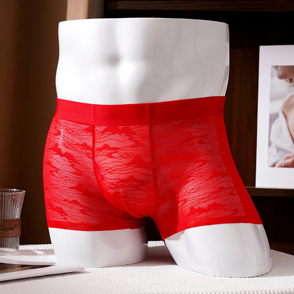 Elastic Men Perspective Lace Jacquard Boxers Shorts U Convex Pouch Sexy Underwear Lingerie Man Boxer Panties