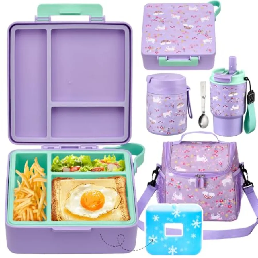 Set de Lonchera con Contenedor Bento, Termo para Sopa de Acero Inoxidable de 17 oz, Botella de Agua y Bolsa Térmica Portátil, Talla L
