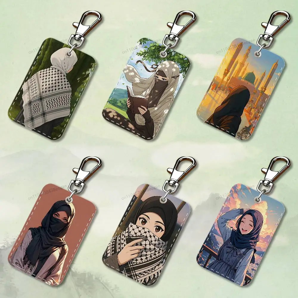 

Arabic Art Muslim Girls Rectangle Card Case Keychain Access Card Bag Key Tag Ring Leather Card Holder Key Ring Access