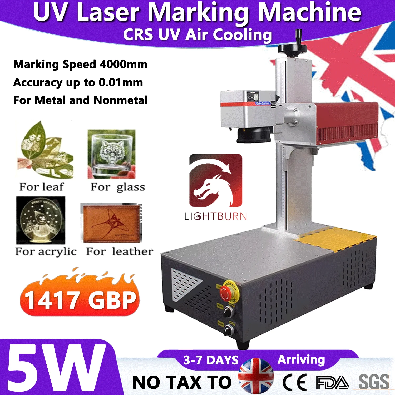 

5W CRS Portable Air Cooling UV Laser Engraver Marking Machine UV Fiber Laser for Glass Crystal Metal Plastic PVC Wood Acrylic
