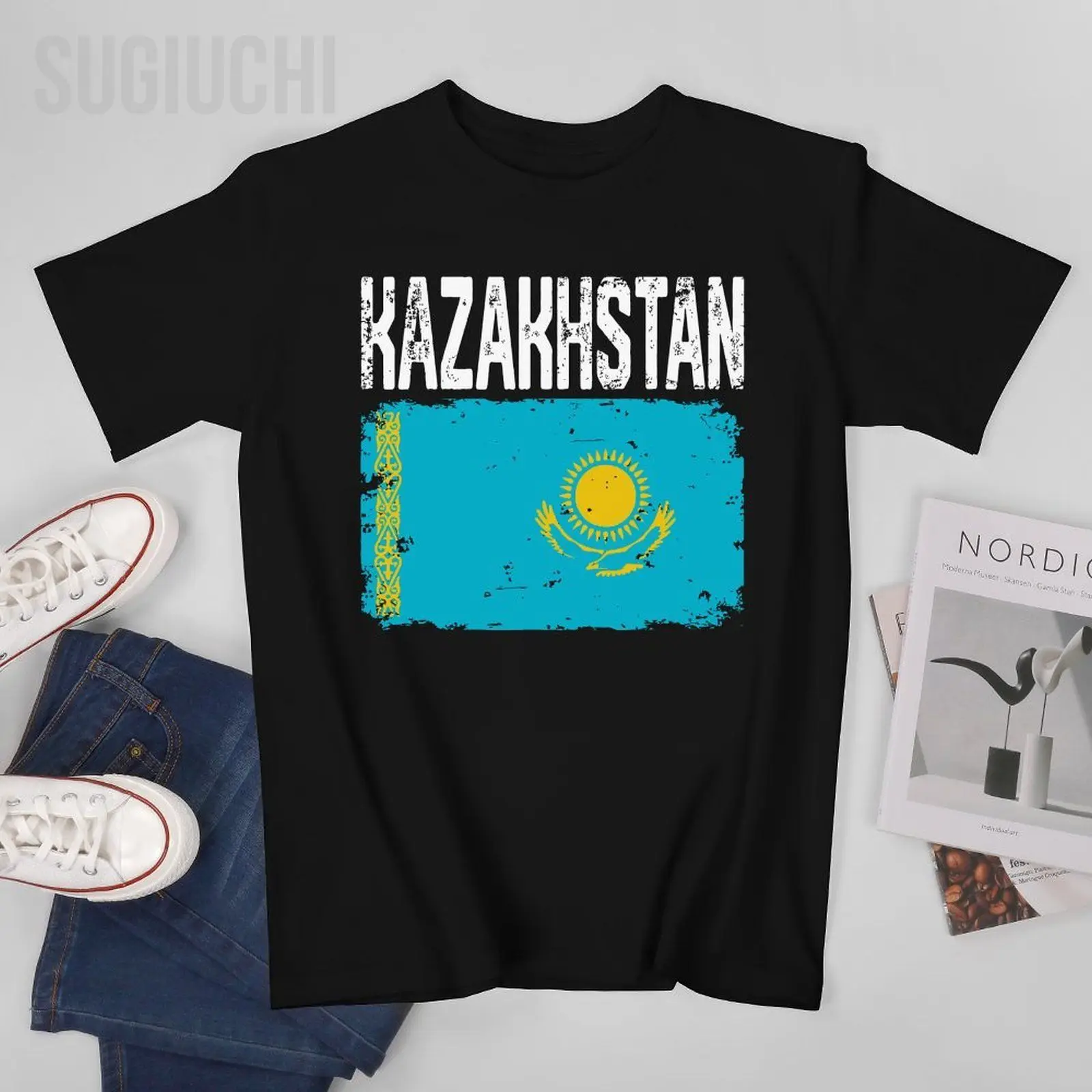 Unisex Men Vintage Damage Shape Kazakhstan Tshirt Tees T Shirts Women Boys 100% Cotton T-Shirt