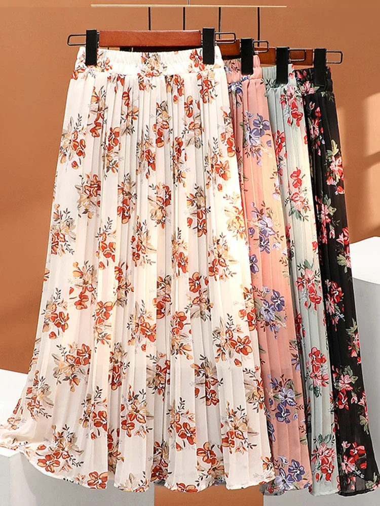 

Midi Long Pleated Skirt Women 2024 New Summer Korean Fashion Floral Print Elegant Aesthetic High Waist Skirt Female P432