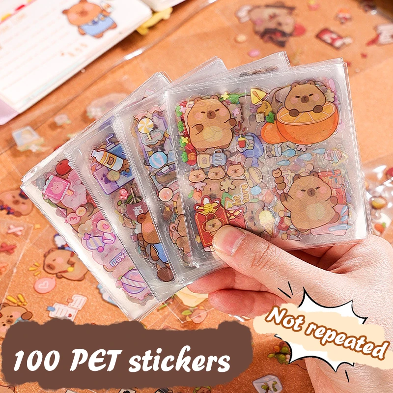 100Sheets Fashion Trendy Capybara Animal Stickers Waterproof Hand Account Stickers Cartoon Cute Notebook Decoration Stickers