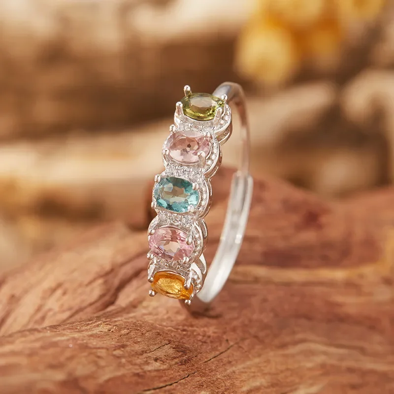 Live color treasure explosion natural tourmaline ring women's s925 sterling silver gemstone index finger ring Xiaohongshu