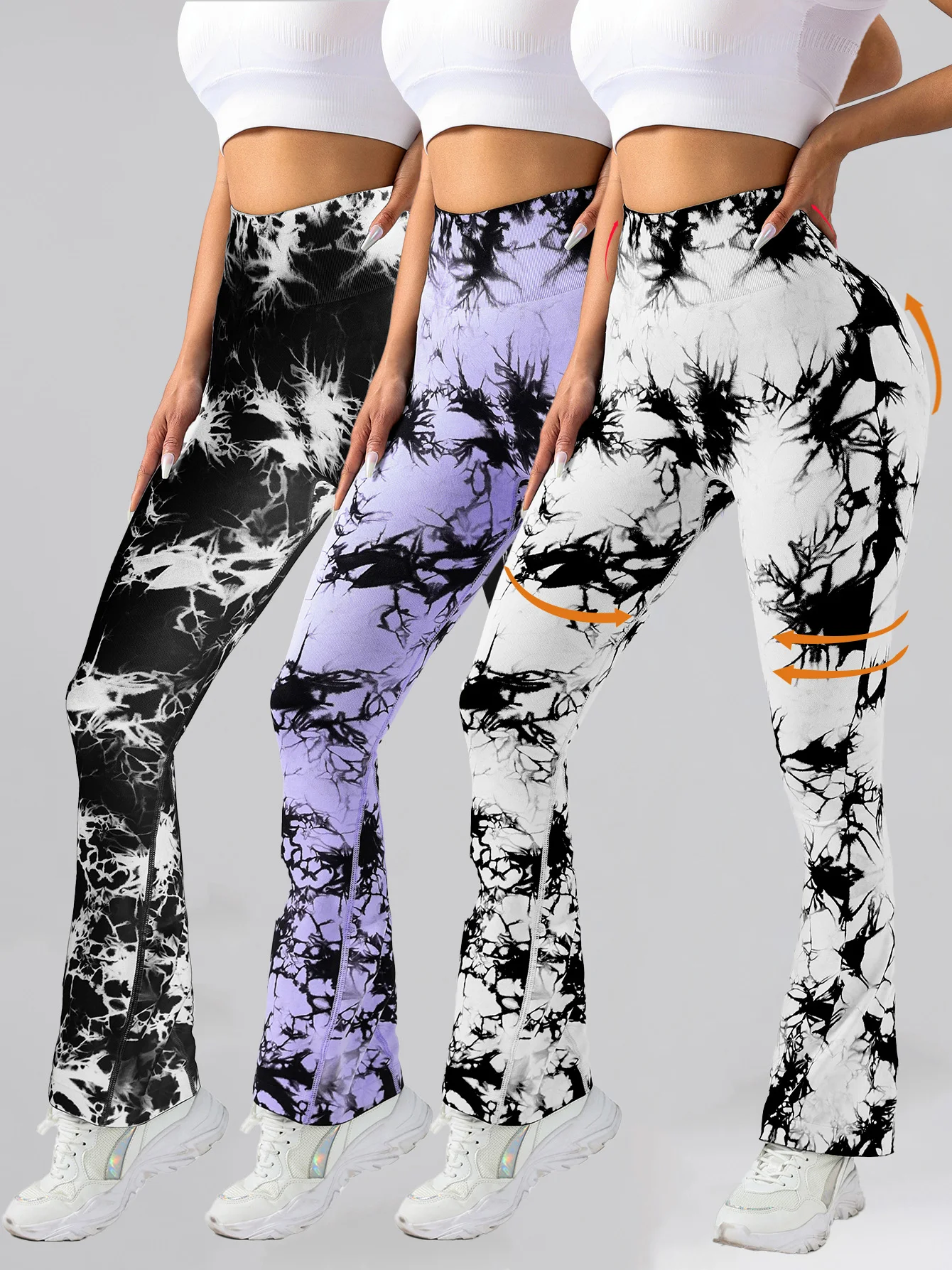 3 Pack US Local Women's Tie-dye flared yoga pants, High-waisted hip lifts, athletic leggings, wideleg gym pants