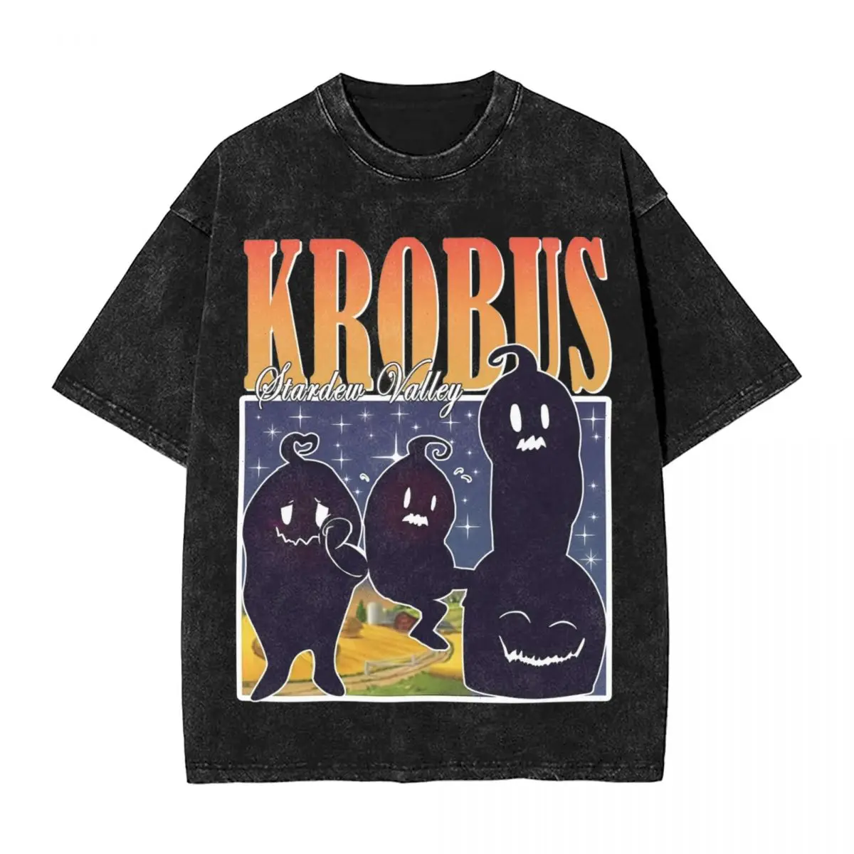 Washed T Shirt Retro Krobus Stardew Valley Hip Hop T-Shirt Harajuku Streetwear 100% Cotton Graphic Tee Shirt for Men Women