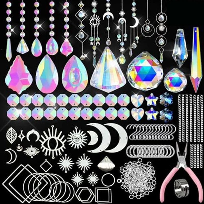 370 Pcs Crystal Suncatcher Kits Hanging Chandelier Crystals Prisms Parts Rainbow Maker Pendants DIY Sun Catchers Beads, Durable