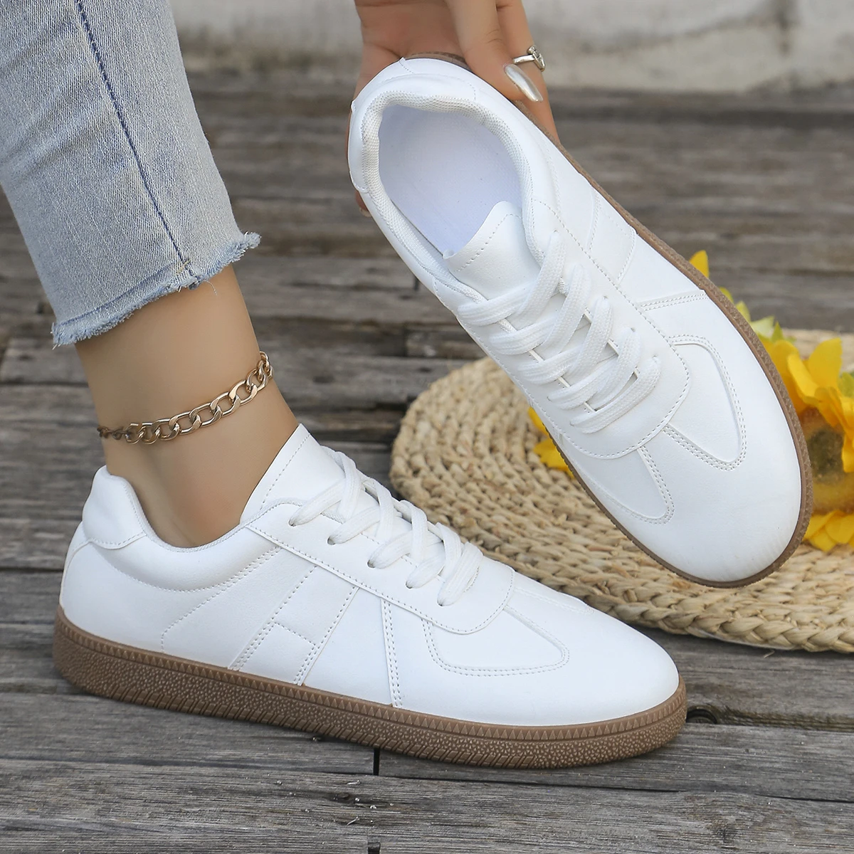 Ladies' casual white sports shoes - lace up, low cut, breathable fabric, comfortable all year round