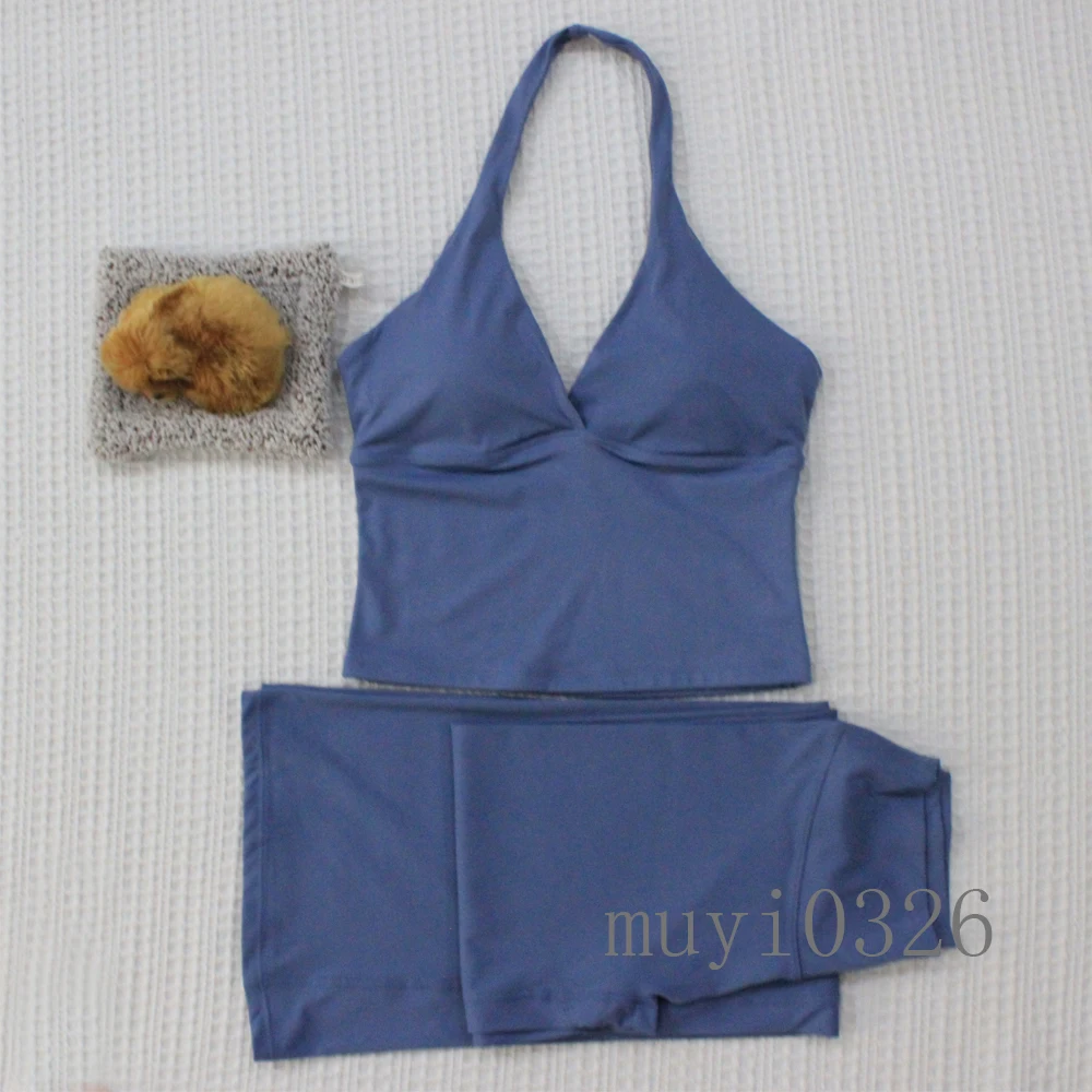 2-Piece Flared Pants Women's Wide Leg Seamless and V-Neck Beautiful Back Hanging Neck Vest yoga Suit Sports Suit
