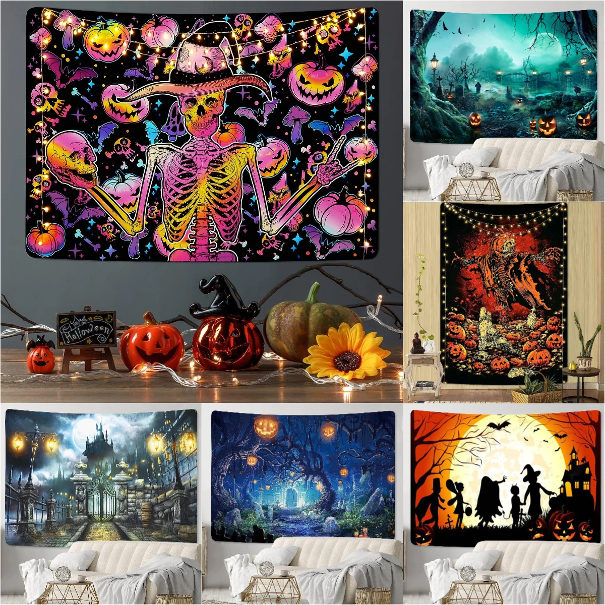 Halloween Tapestry Skull Pumpkin Moon Night Monster Wall Art Decor Tapestries for Bedroom Living Room Dorm Party Decorations