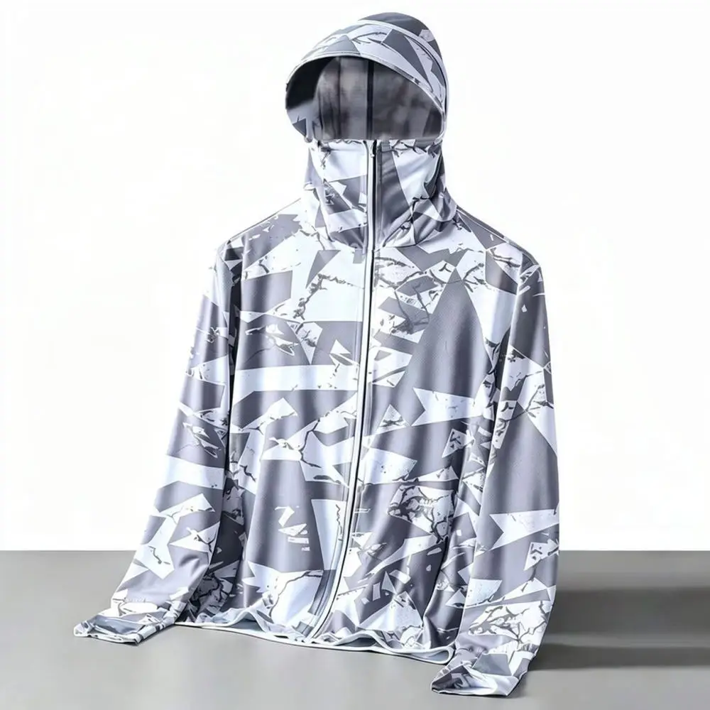 Camouflage Mens Sun Protection Jacket Summer Thin Breathable Mesh Ice Silk Hooded Outdoor Sports Oversize Fishing Top