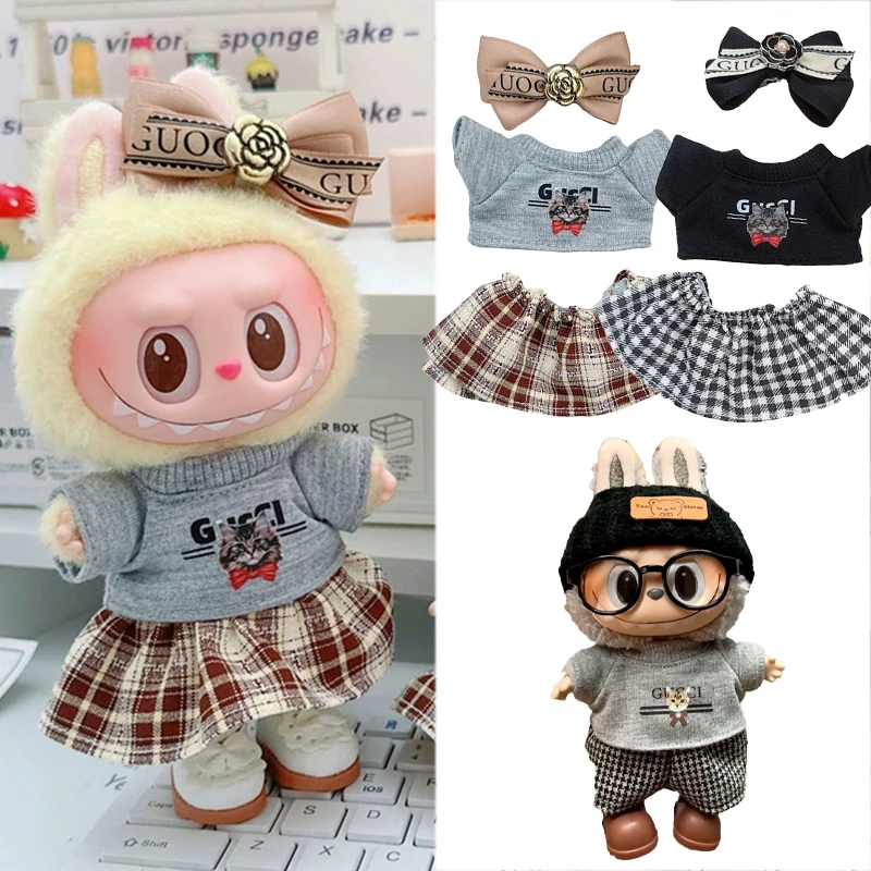 

15 17 см для куклы Labubu, клетчатые брюки, наряд с узором, одежда, аксессуар для волос с бантом, роскошная юбка, платье, аксессуары для одежды