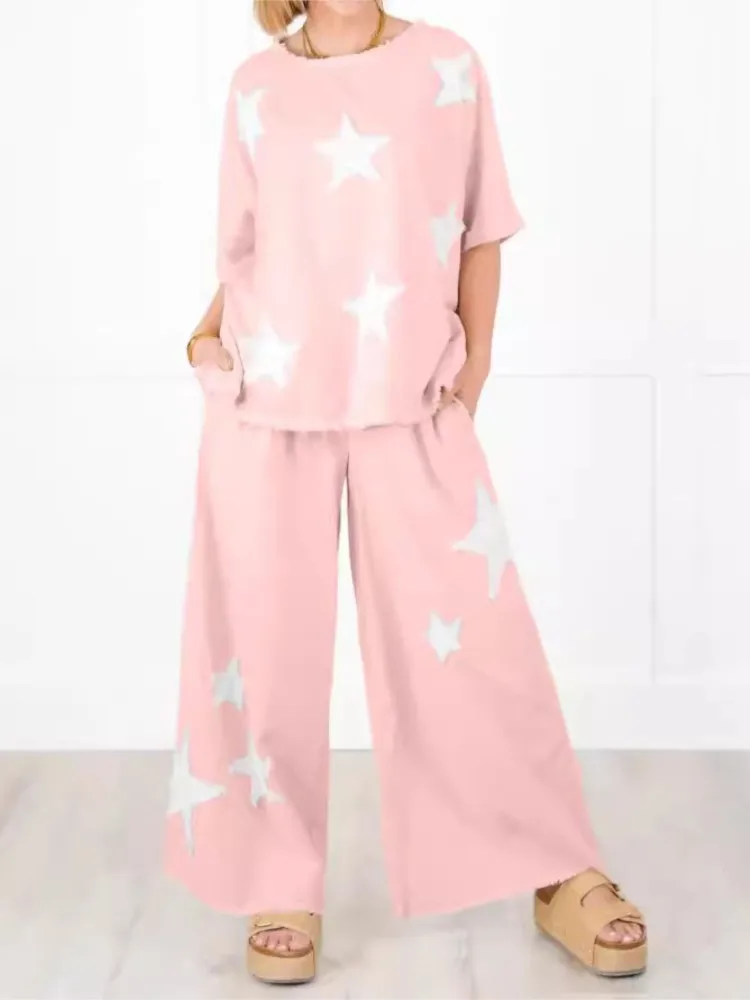 Casual Loose Two Piece Set Star Print Top + Wide Leg Pant Sets Homewear Suits Summer Comfortable Half Sleeve Trouser Outfits