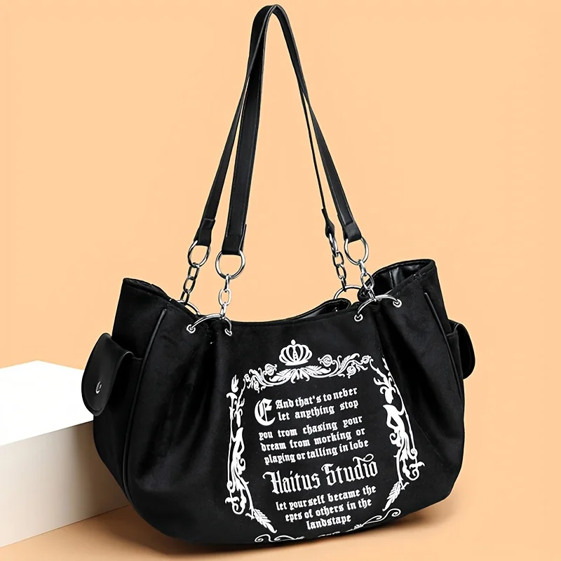 Damen-Handtasche aus Wildlederimitat mit Buchstabendruck, Retro-Einkaufstasche mit großem Fassungsvermögen für den täglichen Pendelverkehr und zum Tragen von Hand. Kürbistasche – Detail 6