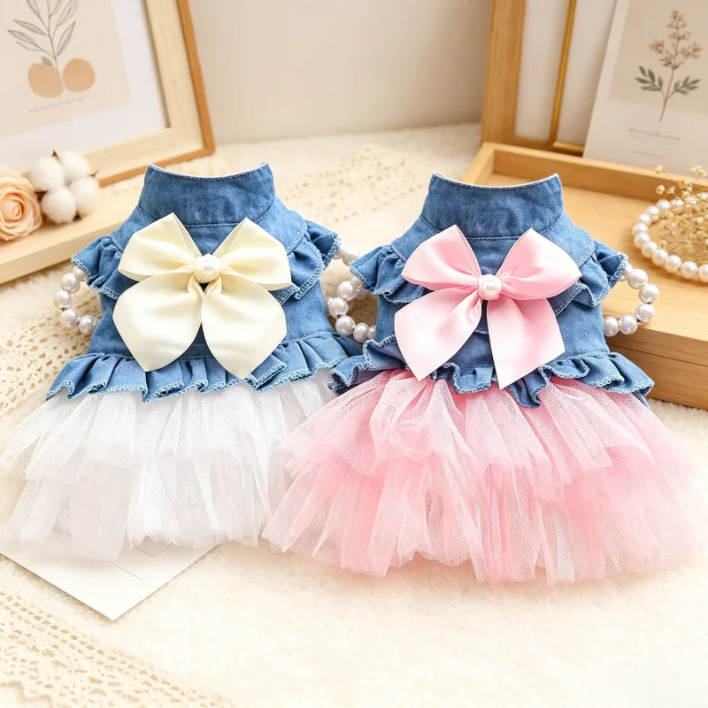 Fashion Sweet Dog Dress Soft Denim Dog Clothes Bow Pet Tulle Skirt Summer Puppy Vest Cute Princess Cat Dress Chihuahua Apparel