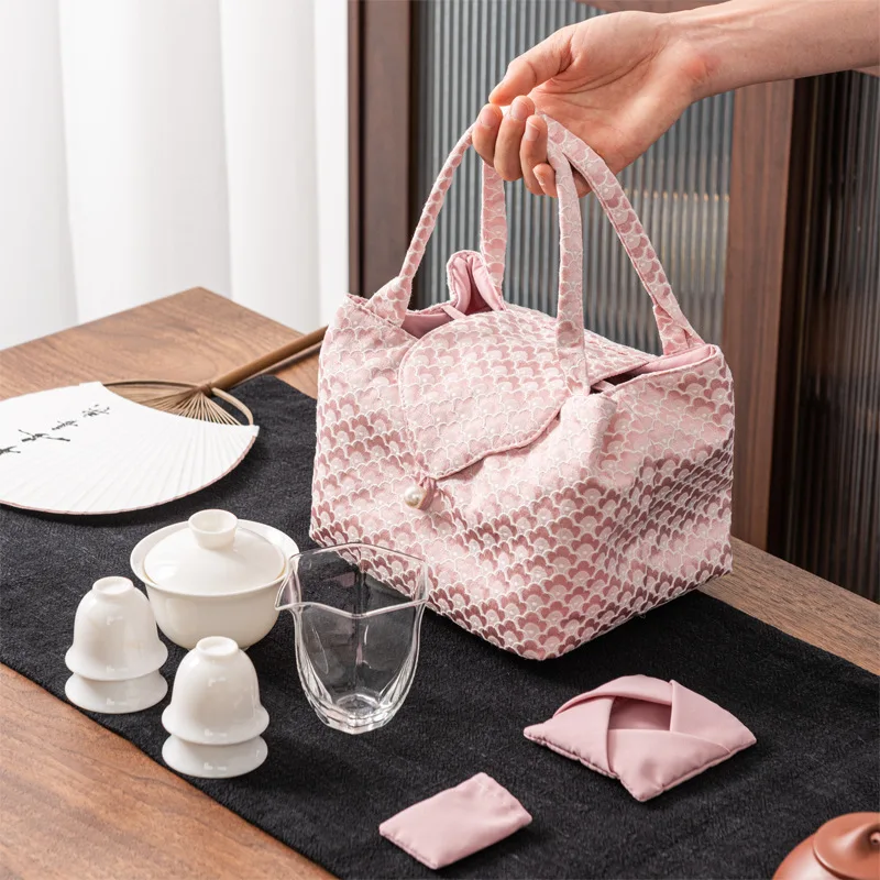 Brocade Travel Tea Set Storage Bag Japanese Style Outdoor Portable Large Capacity Teapot Storage Box Tea Cozies Fabric Bag ZC795