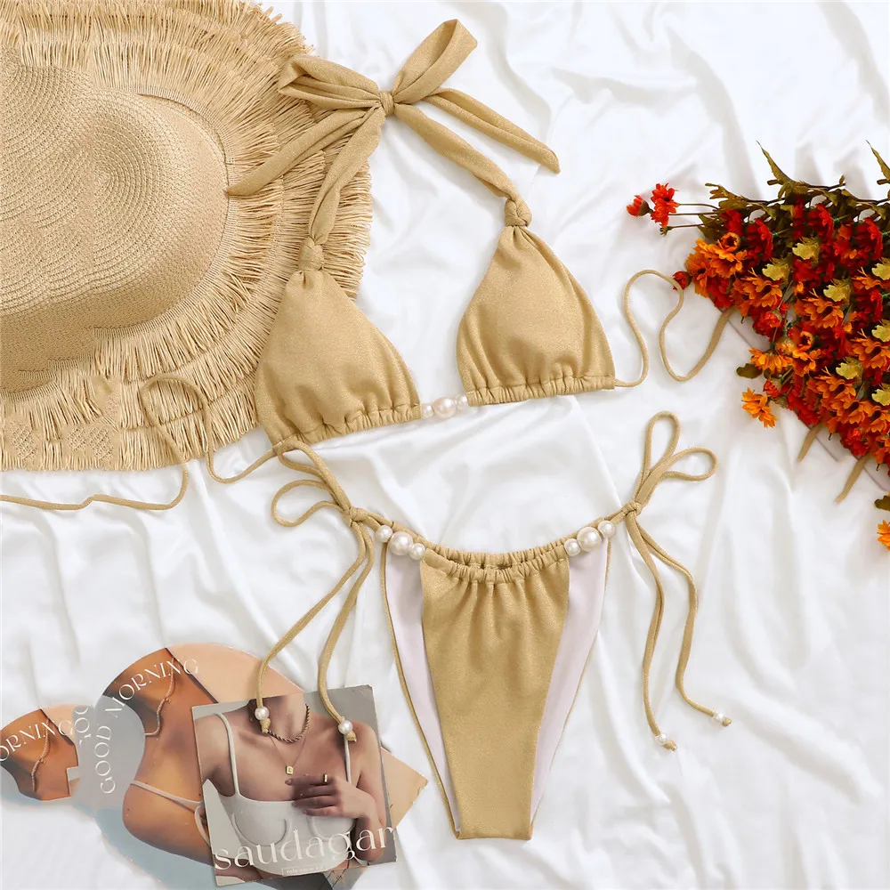 

Pearl Bead Halter String Thong Micro Triangle Bikini Sexy Swimsuit Women 2026 Khaki Shiny Swimwear Brazilian Bikinis Sets Bather