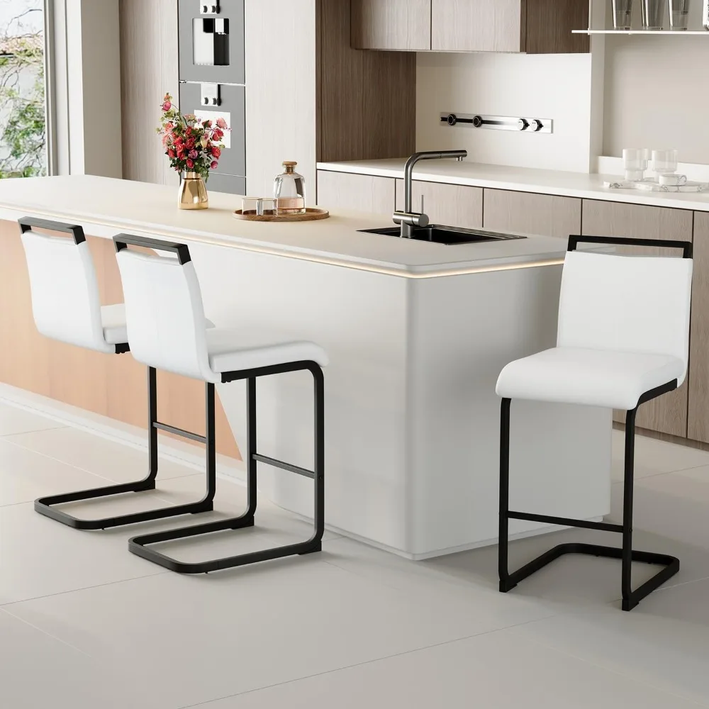

Counter Height Bar Stools Set of 3 - White Bar Stools for Kitchen Island,25'' Counter Stool with Leather Upholstered Seat,Gold K
