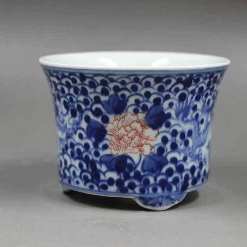 Chinese Blue and White Porcelain Qing Jiaqing Red Flower & Dragon Flowerpot Pot