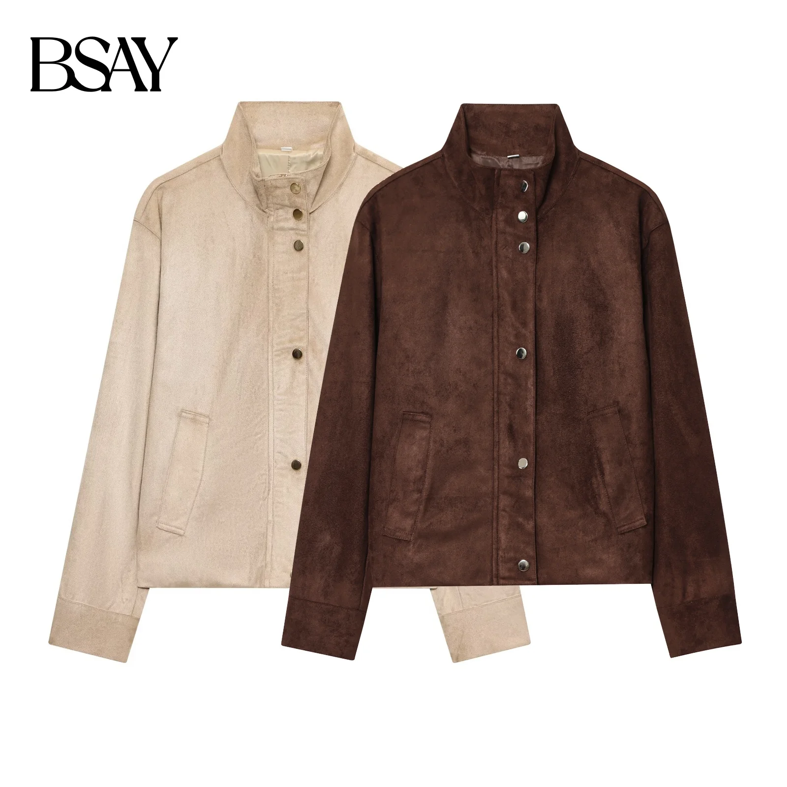 BSAY Autumn New Product 2025 Women's Retro Fashion Casual Stand up Collar Button Zipper Waist Jacket Coat