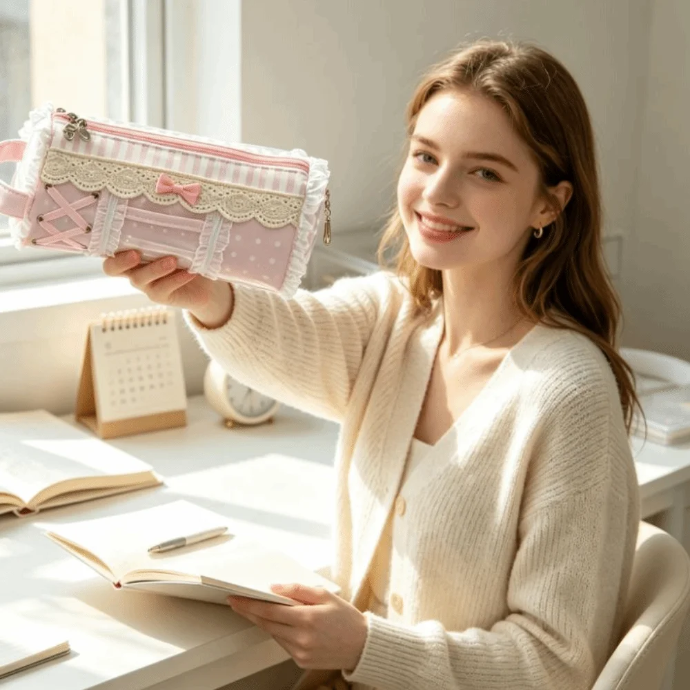 Makeup Bag Large Capacity Lace Pencil Case INS Style Ruffle Pencil Pouch Cute Pink Stationery Pen Bag Stationery Storage