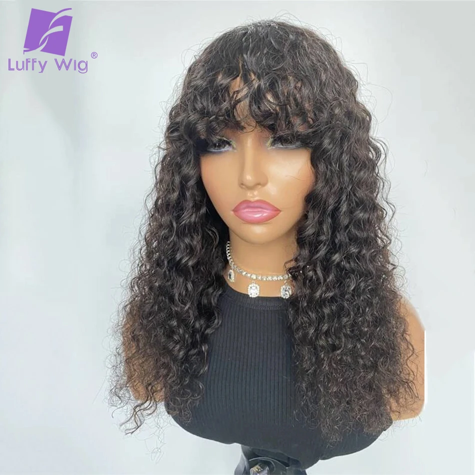 Loose Curly Wig With Bangs Machine Made Silk Scalp Top Wigs 180Density Deep Wave Fringe Bang None Lace Remy Brazilian Human Hair