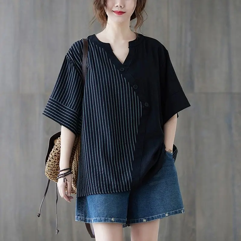 Summer Women's 2024 New Patchwork V-neck Button Striped Fashion Minimalist Commute Loose Casual Versatile Short Sleeved Shirts