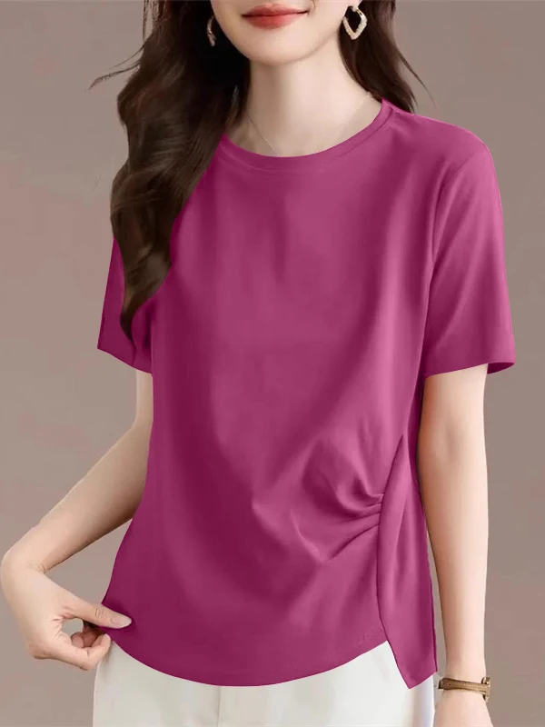 Summer Fashion Pure Cotton plus Size Women's T-Shirt round Neck Short Sleeve Side Pleated Slimming Top Korean Style Commute
