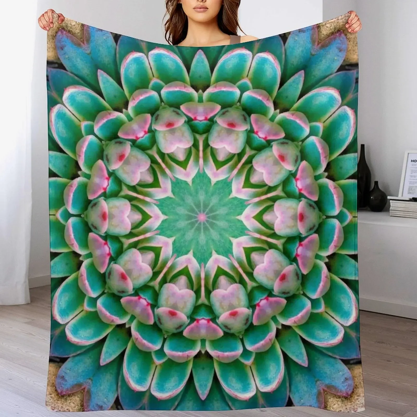 

New Succulent Mandala in Fuscia and Green Throw Blanket Warm Soft Plush Plaid Sofa Quilt Decoratives Blankets