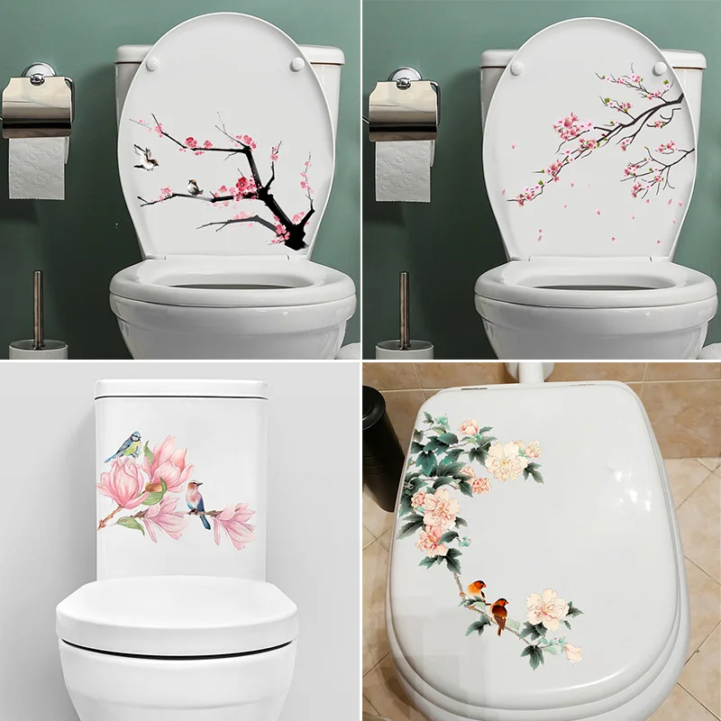 C1# Pink Cherry Blossoms Toilet Sticker Bathroom Toilet Cover Sticker Wall Stickers Wc Accessories Fun For Home Decoration