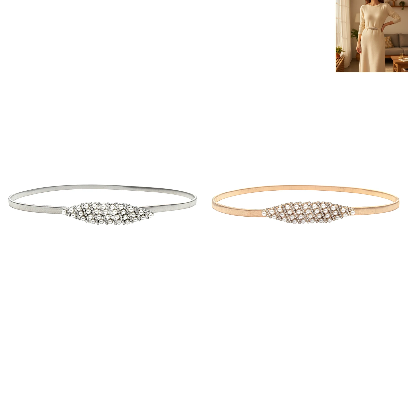 Women Pearl Decorated Belt With Rhinestone Design Sweet And Fashionable Alloy Material Adjustable Length Suitable For Dresses