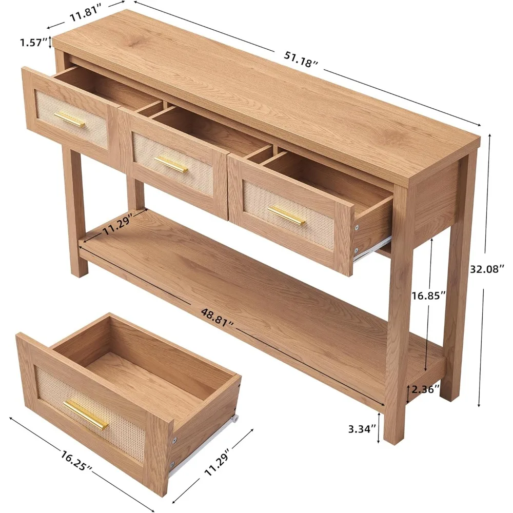 Konsolentisch mit Rattan, 3 Schubladen, Boho-Eingangstisch mit Ablagefach, schmaler Sofatisch aus Holz, 2-stufiger Couchtisch hinter dem Couch