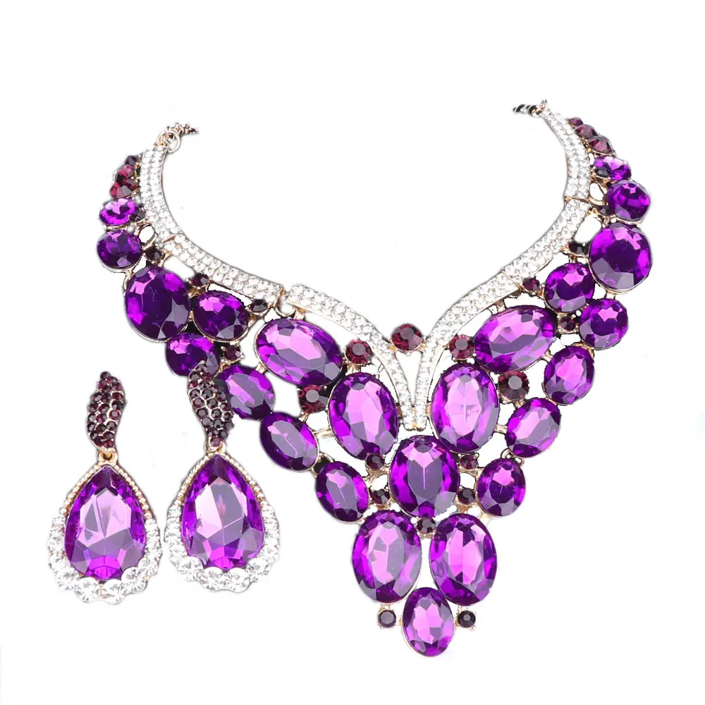 Women's Wedding Bridal Austrian Crystal Teardrop Cluster Statement Necklace Dangle Earrings Gold Color Jewelry Set