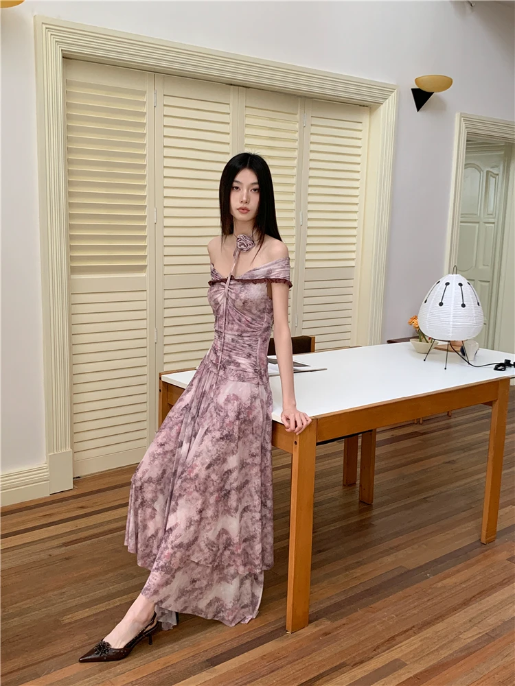 CHEERART Vintage Purple Floral Off The Shoulder Maxi Dress 2024 Women Tunics A Line Asymmetrical Long Dress Summer Fashion