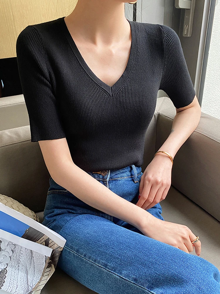 Sexy V Neck Short Sleeve T Shirt Women Ribbed Tops 2024 Summer Solid Knitted Casual Top Tees Slim Basic Female T-shirts