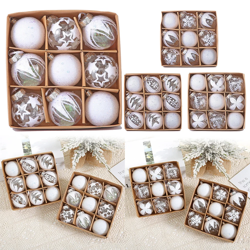 Lively Holiday Display Nine Charming Six Centimeter Clear and White Christmas Baubles to Brighten Up Any Space