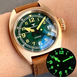 Full Solid CnSu8 Bronze Military 36mm Green Lume Dial Double Bubble Sapphire Glass 200mWaterproof NH35 Automatic Watches for Men