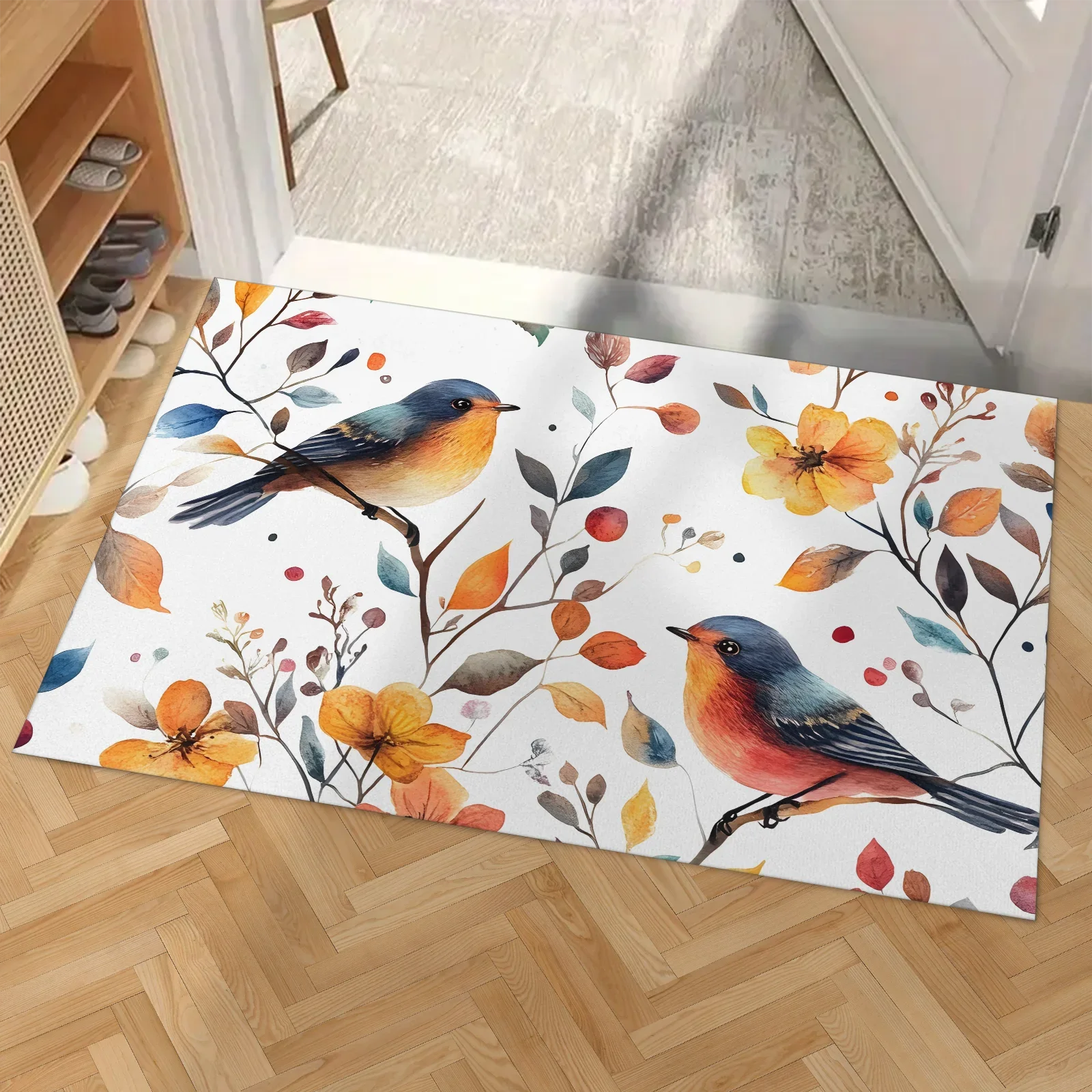 Welcome Door Rug Watercolor Bird Decor Floor Mat Autumn Floral Bloom Print Entrance Carpet for Home Front Entryway Balcony