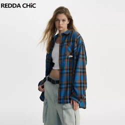 REDDACHiC Checkered Color Block Blue Shirts Women Lapel Pocket Single-breasted Oversize Casual Blouse Top Retro Autumn Outerwear