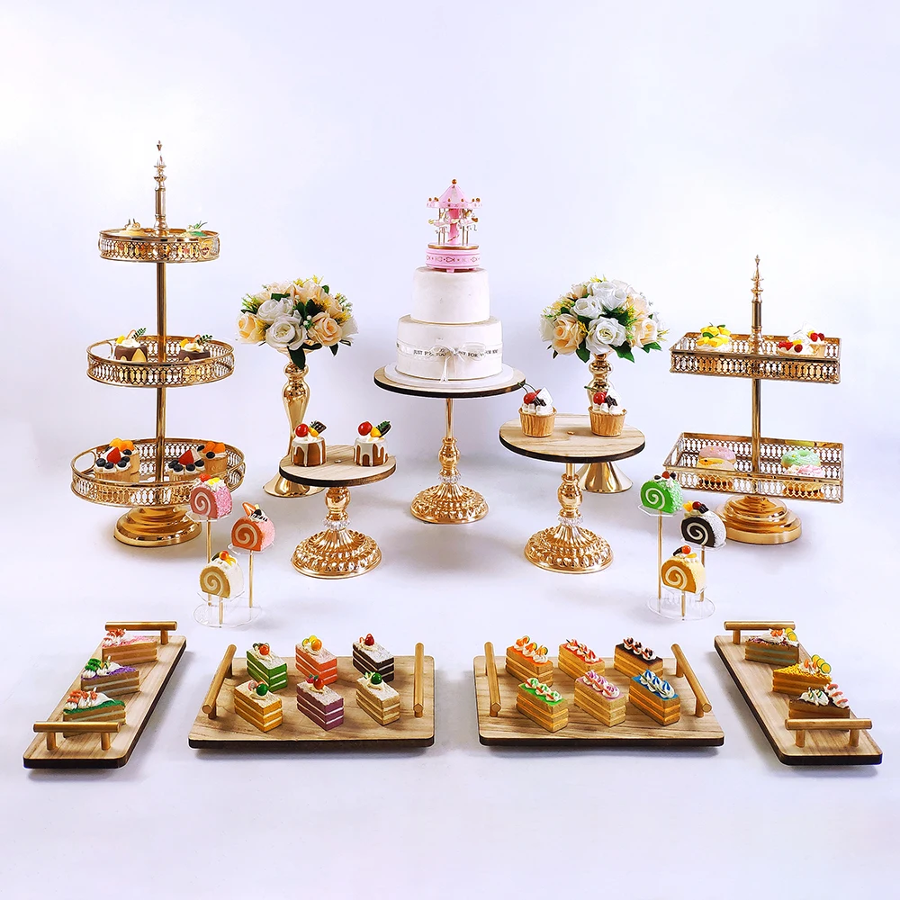 Gold  7- 19pcs  Electroplate Metal  Wooden Cake Stand Set Display Wedding Birthday Party Dessert  Cupcake Plate Rack