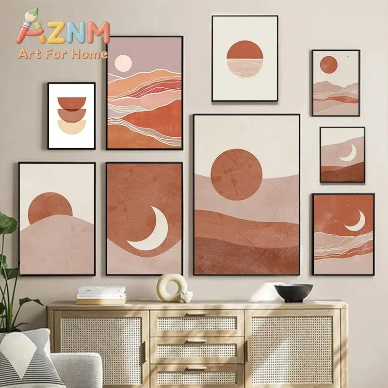 Mid Century Sun  Moon Boho Wall Art Terracotta Abstract Landscape Canvas Print for Living Room and Bedroom Decor