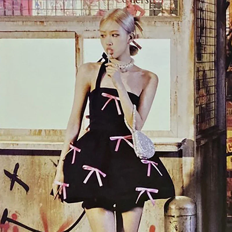 

Y2K Kpop Idol Stage Costume Strapless Dress Bow knot Fluffy Black Dress Music Festival Show Clothing Birthday Party Dress JL5473