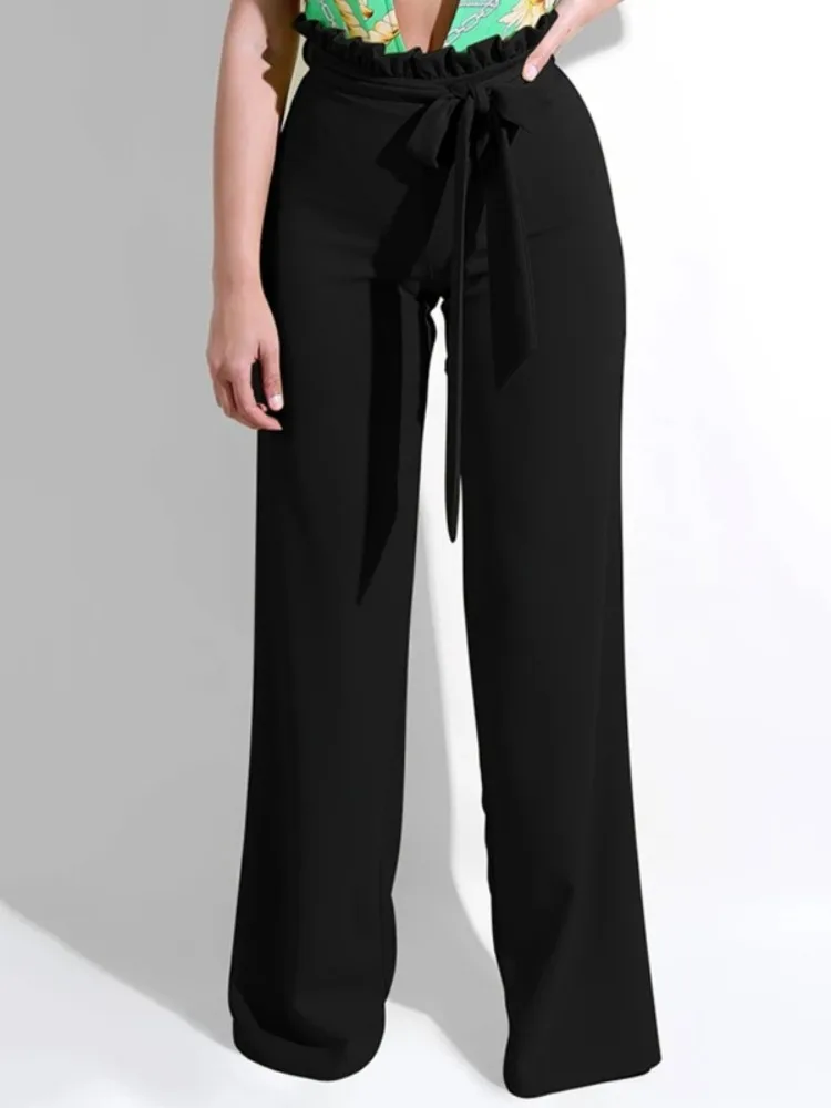 

Lemongor Women's Black Straight Leg Pants Solid Color High Waist Ruffle Belt Tie Loose Loose Daily Casual Trousers Bottoms
