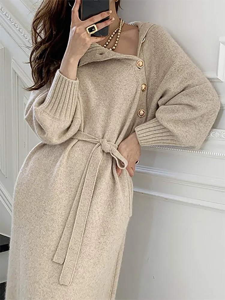 2025 Autumn/Winter New Woolen Skirt French High Collar Skirt Button Knitted Elegant Women's Dress