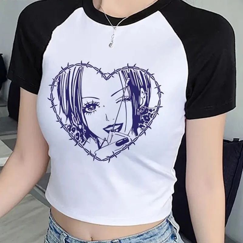 Nana Japanese Anime Summer Crop Top T Shirt Women Heart Graphic Tees Anime T-shirt Black Short Sleeve Casual Harajuku Tshirt Top