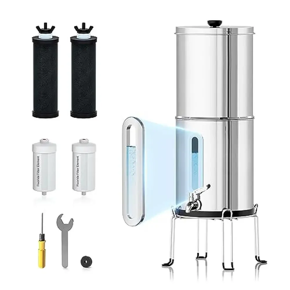 8-Stage Stainless-Steel Water Filter System Fluoride Reduction 4 Filters & Stand Embedded Visual Water Level NSF Certified