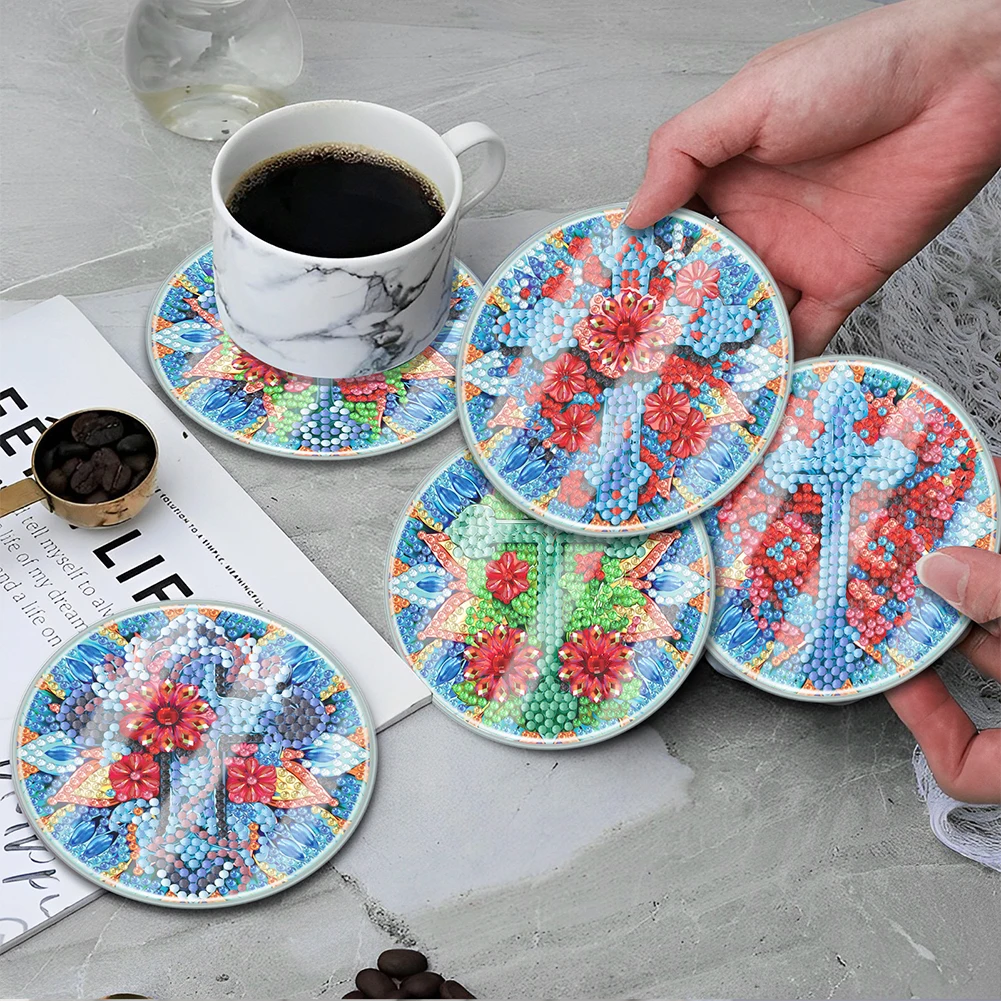 

6 PCS Special Shape Diamond Painting Coasters Kits Acrylic Diamond Painting Crafts Coaster Cross Washable Sea Animal with Holder