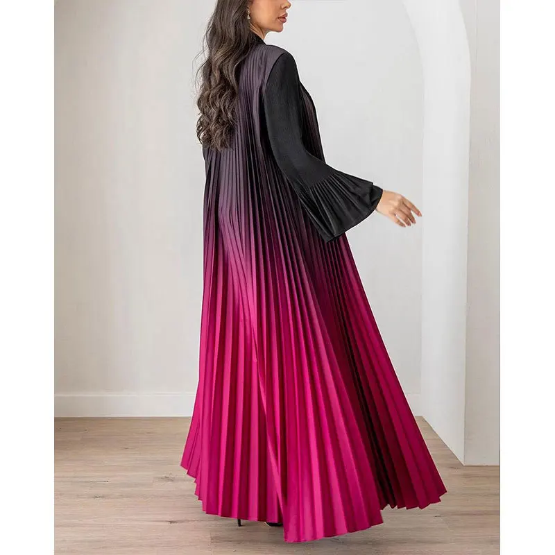 Miyake Style Gradient Color Long Outer Shawl 2024 Spring and Autumn New Long-sleeved Hand-pleated Large Robe for Slimming Women