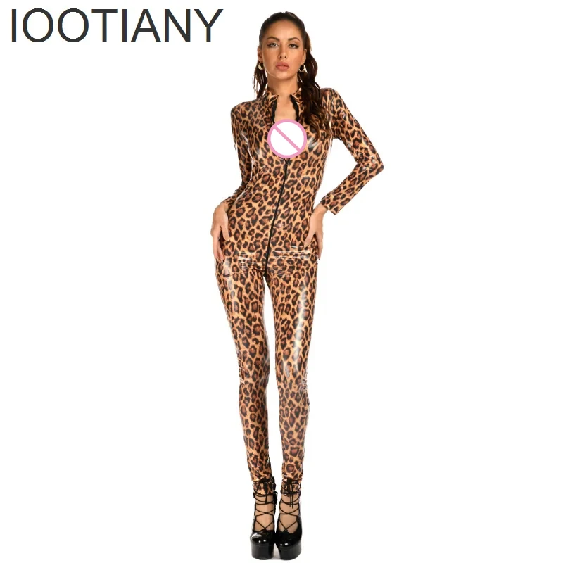 IOOTIANY Sexy Leopard Bodysuit Wet Look Faux Leather Catsuit Hot Erotic Women Zipper Open Crotch Jumpsuit Mistress Sex Costumes