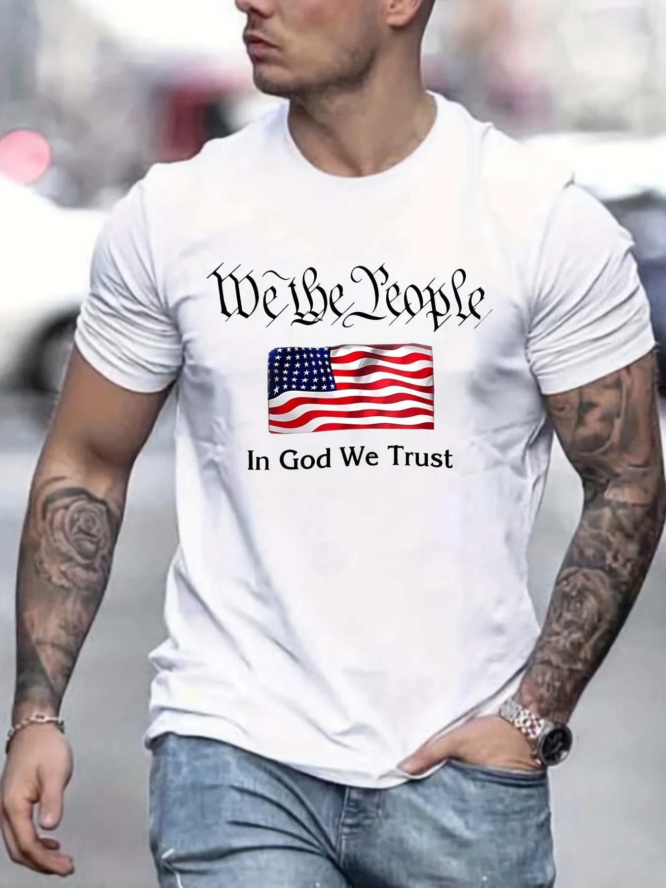 Trendy American Flag & Letter Pattern Print Men\'s T-shirt, Graphic Tee Men\'s Summer Clothes, Men\'s Outfits100% Cotton Oversized